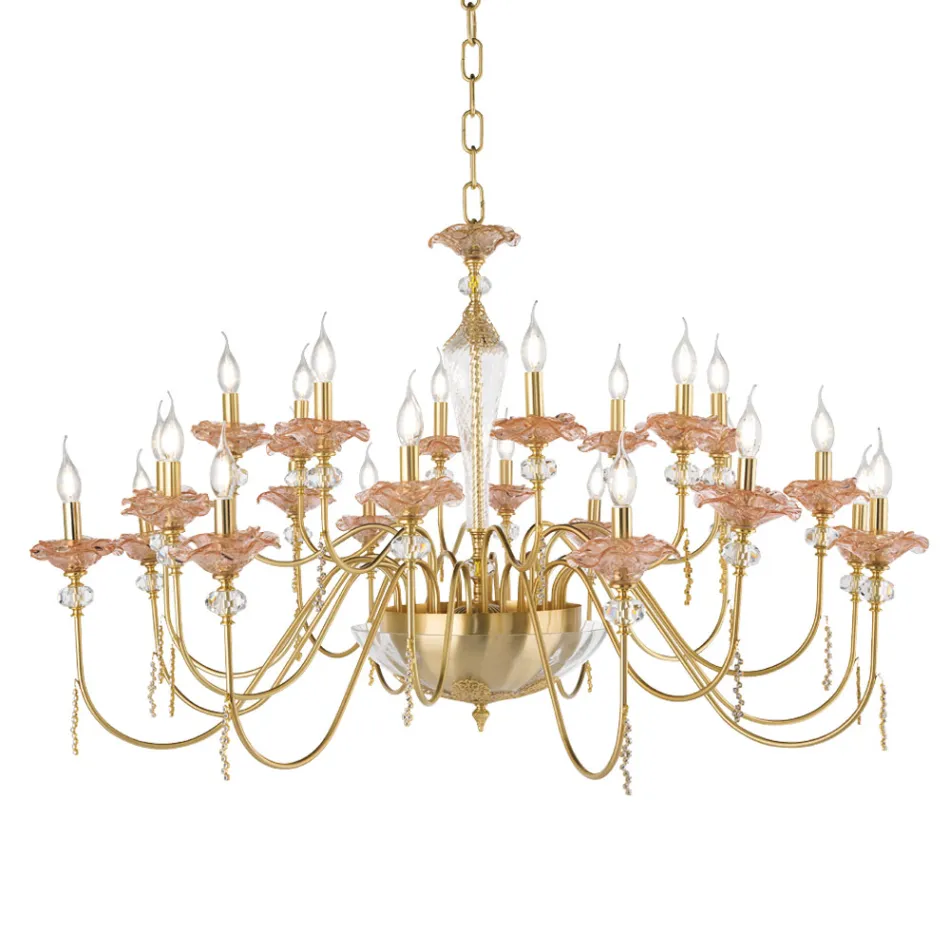 Klassieke 24-lichts kroonluchter in glas, kristal en luxe metaal - Vlaanderen Viadurini