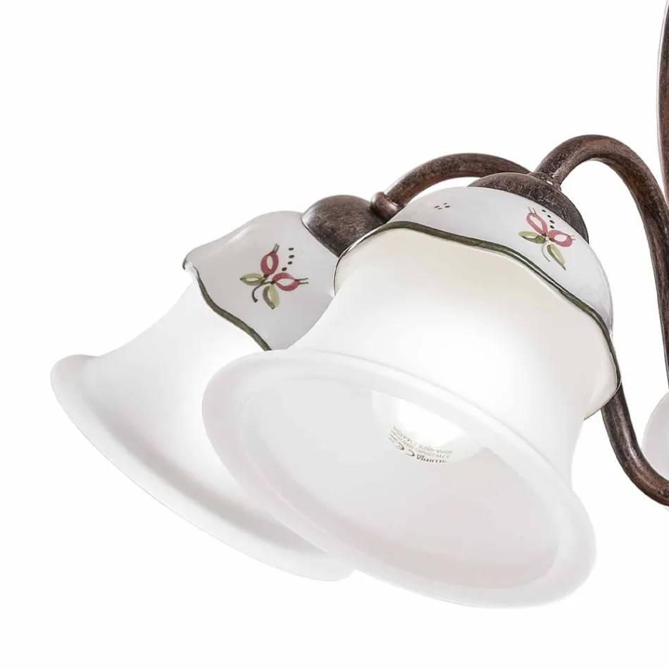 3 of 5 lichts kroonluchter in ijzer, handbeschilderd keramiek en glas - Ferrara Viadurini