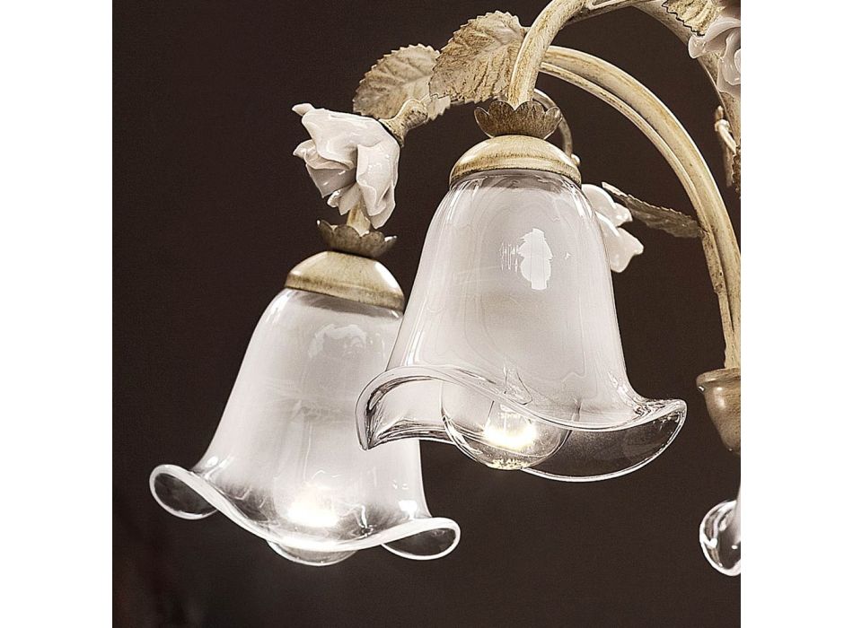 Kroonluchter met 5 lampen van ijzer en gezandstraald glas met keramische rozen - Siena Viadurini