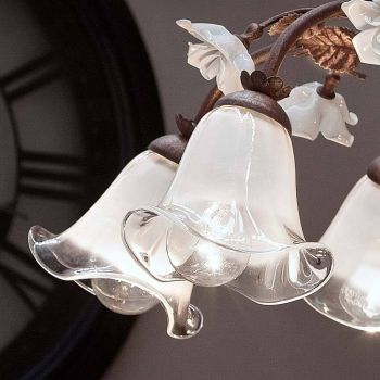 8 lichts kroonluchter in ijzer en gezandstraald glas met keramische rozen - Siena