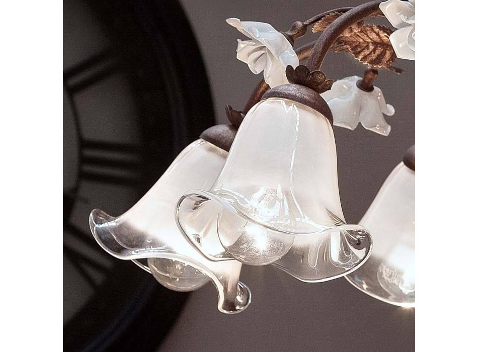 8 lichts kroonluchter in ijzer en gezandstraald glas met keramische rozen - Siena