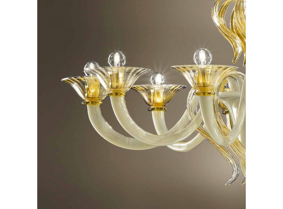 15 lichts kroonluchter in wit en goud Venetiaans glas, gemaakt in Italië - Agustina Viadurini