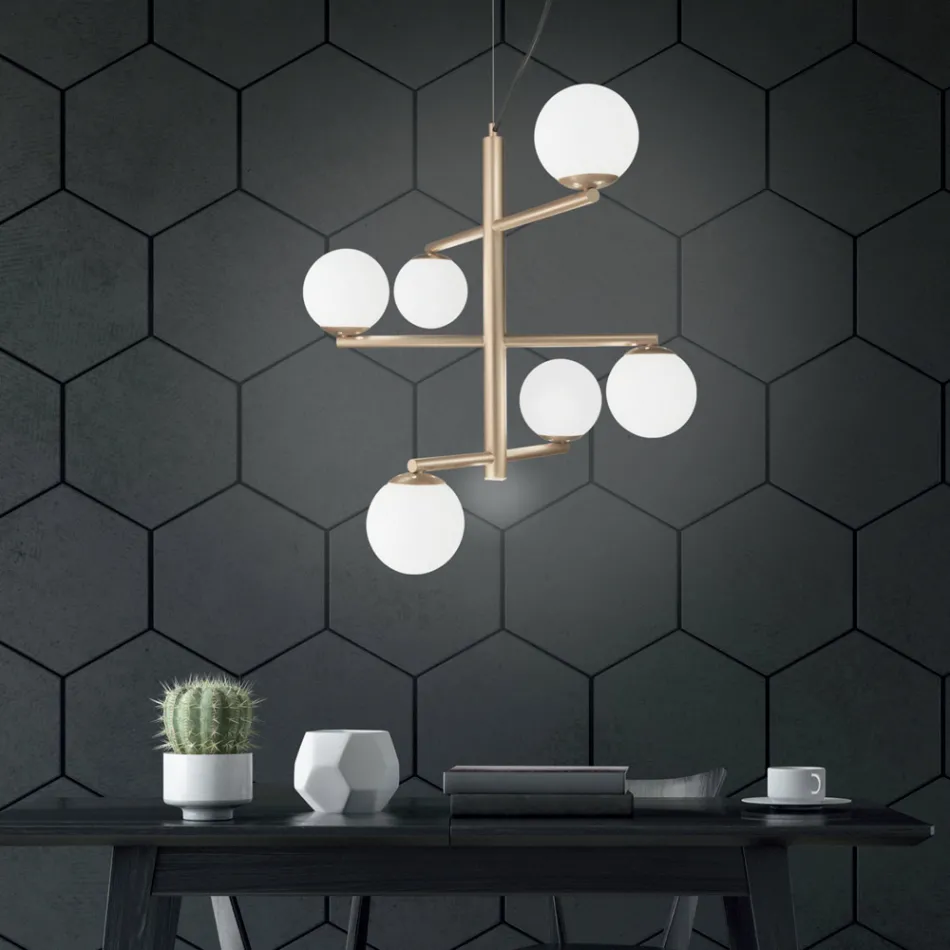 6 lichts kroonluchter in gelakt metaal met glazen diffusors - Lido Viadurini