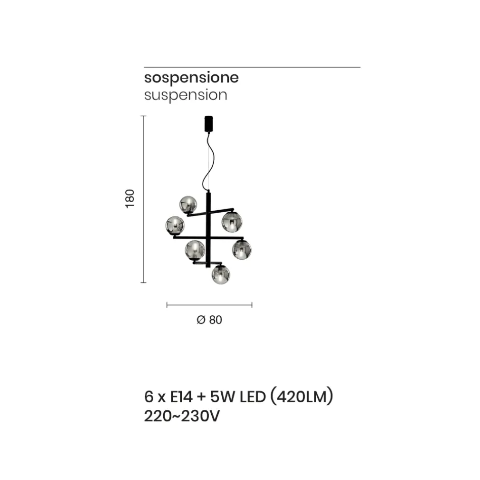 6 lichts kroonluchter in gelakt metaal met glazen diffusors - Lido Viadurini