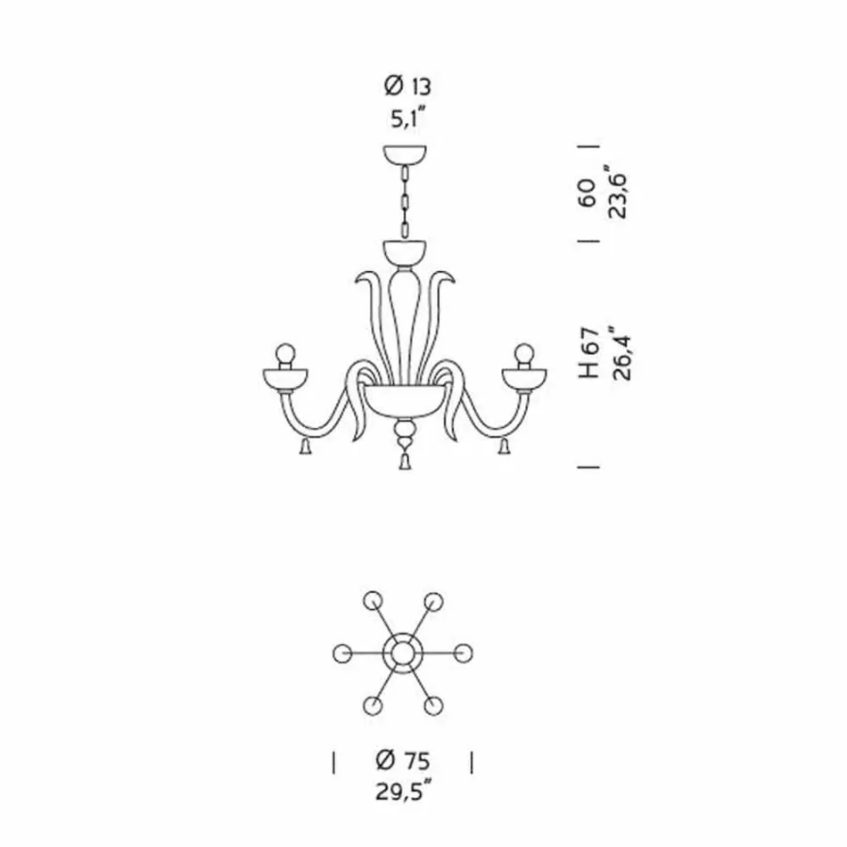 6 lichts Venetiaanse glazen kroonluchter, handgemaakt in Italië - Regina Viadurini