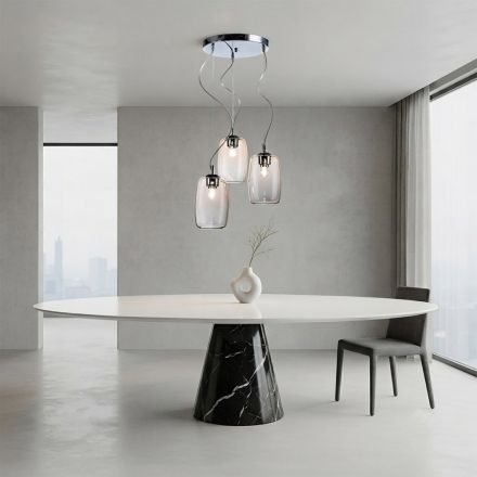 Drielichts kroonluchter met ronde stang van geblazen glas, gemaakt in Italië - Soffio Viadurini