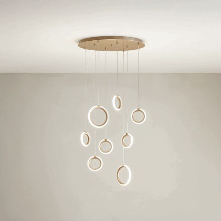 Goudgelakte metalen hangende kroonluchter met 8 LED-lampjes - cederhout Viadurini