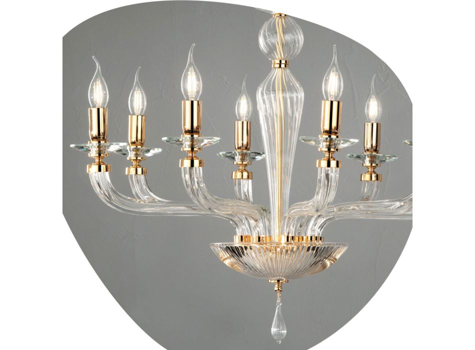 Klassieke 8-lichts handgemaakte glazen Rigaton en metalen kroonluchter - Fievole Viadurini