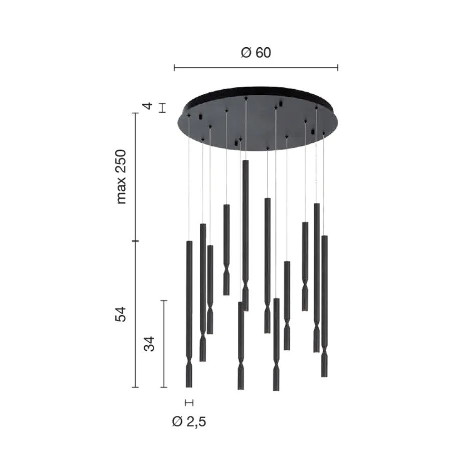 Kroonluchter met 12 LED-lampen van geverfd metaal en verstelbare kabels - Lariks Viadurini