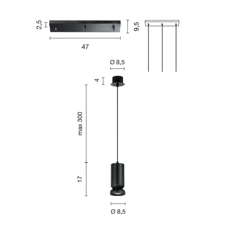 Kroonluchter met 3 LED's in gepoedercoat aluminium en verstelbare kabel - Buxus Viadurini