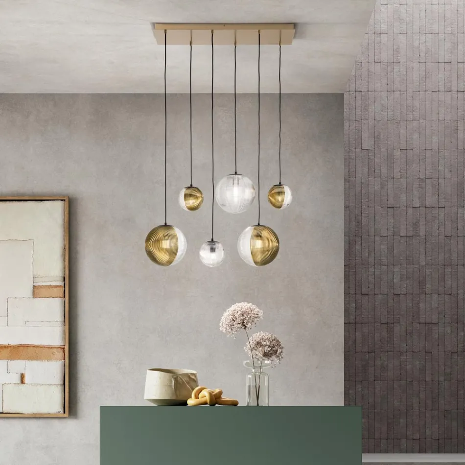 Kroonluchter met 6 lampen in geblazen glas in de vorm van een bol Gemaakt in Italië - Prilla Viadurini