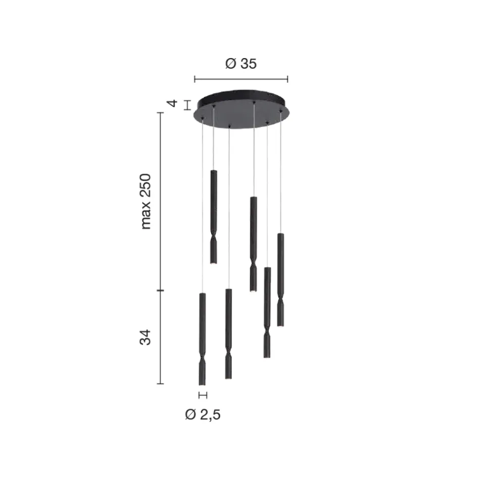 Kroonluchter met 6 LED-lampen van geverfd metaal en verstelbare kabels - Lariks Viadurini