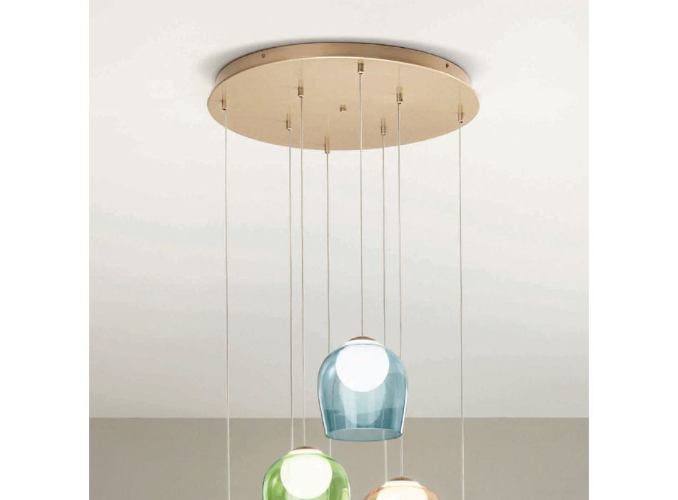 Kroonluchter met 8 LED's bedekt met optioneel gekleurd glas en voet in metaal - beuken Viadurini