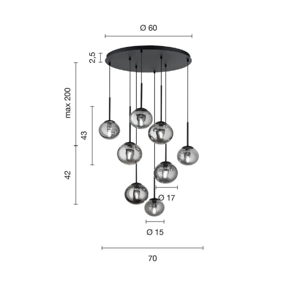 Kroonluchter met 8 LED's in goud geverfd metaal en geblazen glas - Ailanto Viadurini