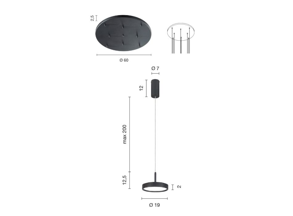 Kroonluchter met ronde voet van zwart geverfd metaal en LED-licht - Hornbeam Viadurini