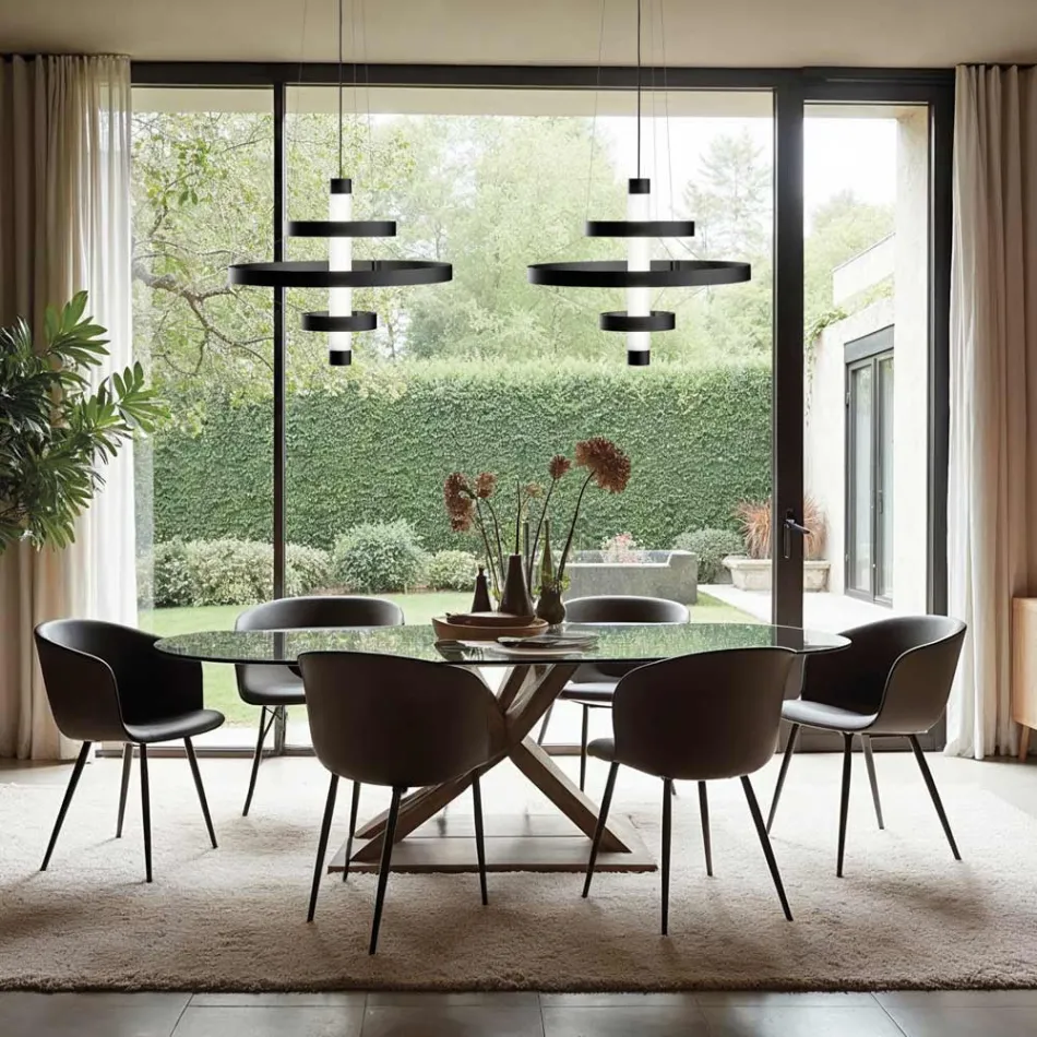 Kroonluchter met glazen body en 3 aluminium cirkels - Clara Viadurini