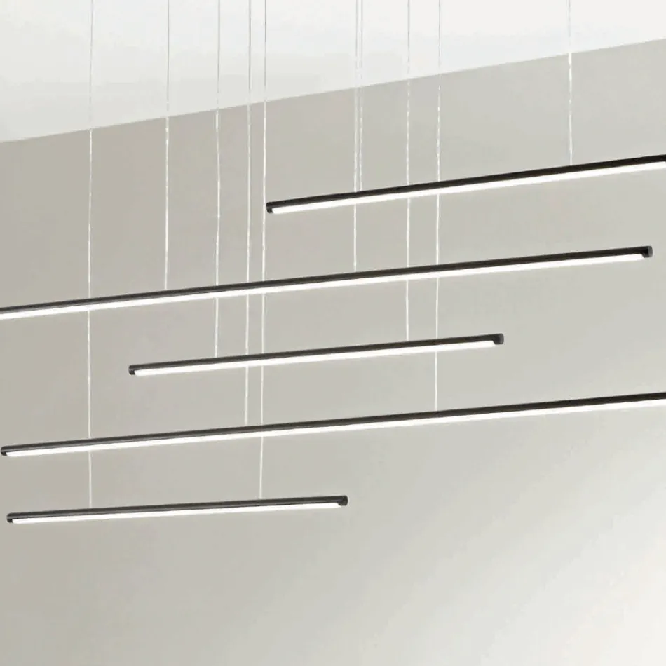 Kroonluchter met horizontale LED-verlichting in metaal en verstelbare kabels - oranje Viadurini