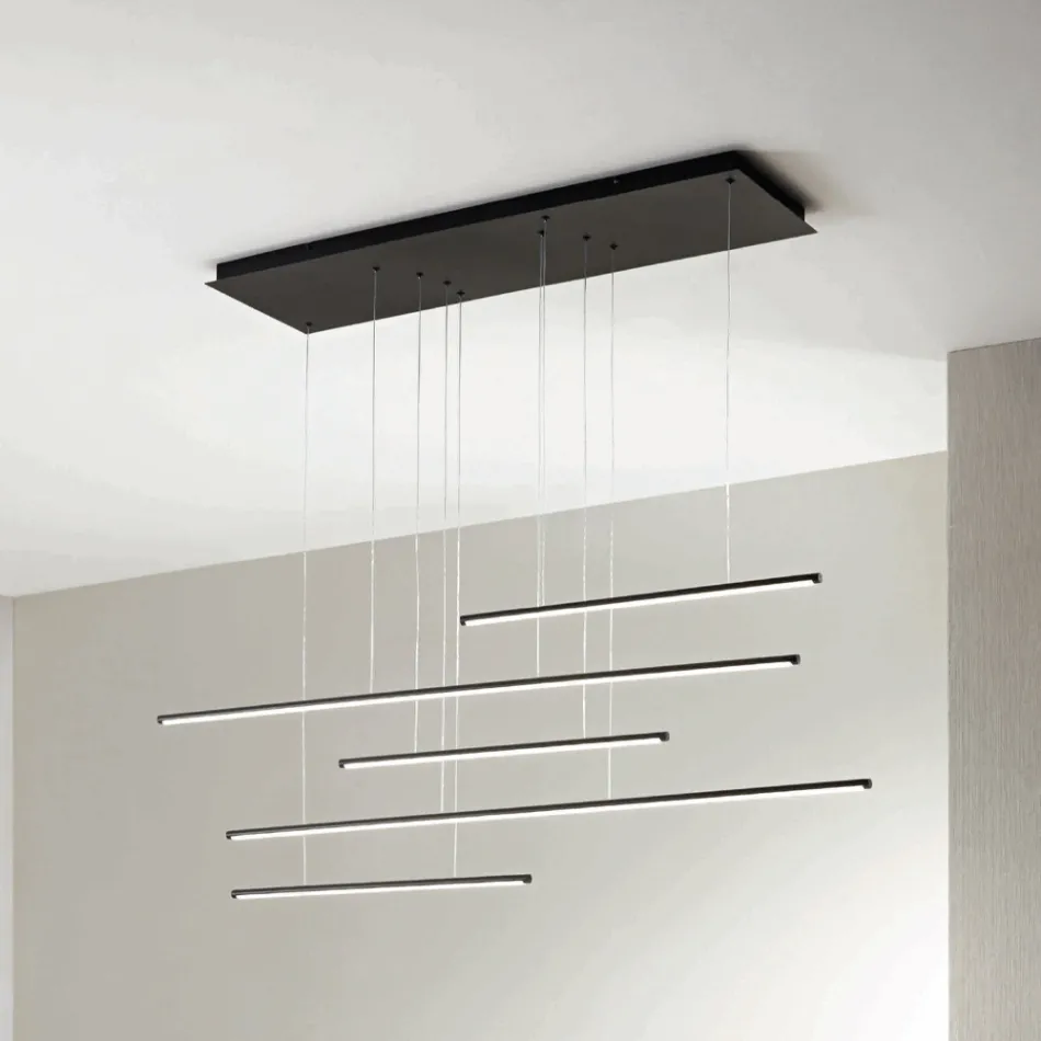 Kroonluchter met horizontale LED-verlichting in metaal en verstelbare kabels - oranje Viadurini