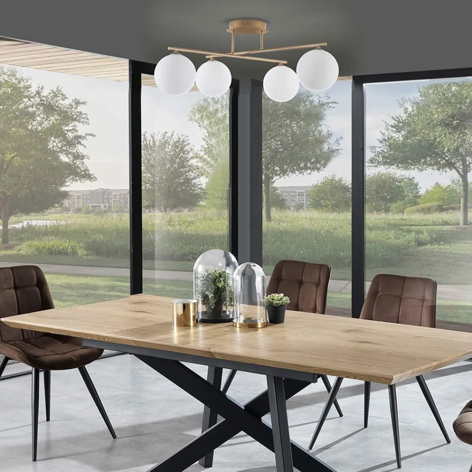 Kroonluchter in metallic goud metaal en 4 witte glazen bollen - Venetië Viadurini