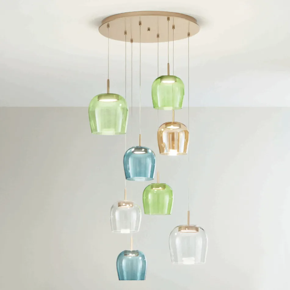 Kroonluchter van goud geverfd metaal en LED-licht en gekleurd glas - Haagbeuk Viadurini