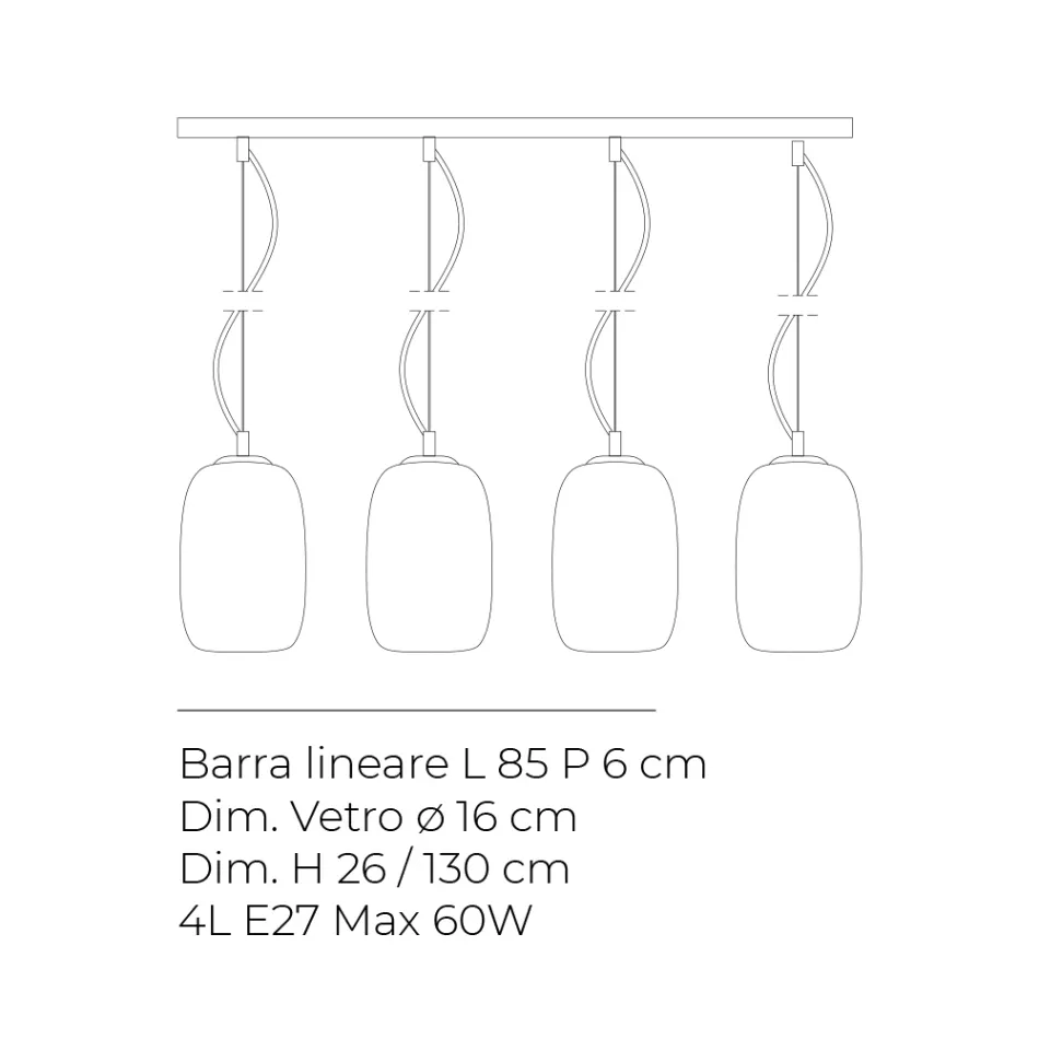 Kroonluchter met vier lampen op een lineaire stang, gemaakt van geblazen glas in Italië - Soffio Viadurini