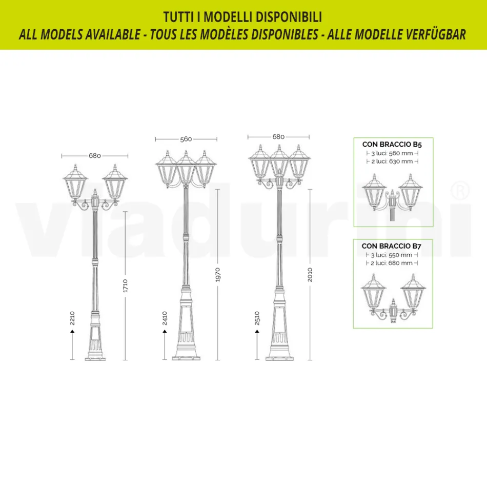 215 cm hoge tuinlamp in glas en 5 aluminium afwerkingen - Pinako Viadurini