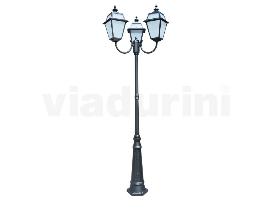 Vintage lantaarnpaal met 3 lampen in aluminium en glas gemaakt in Italië - Vivian Viadurini