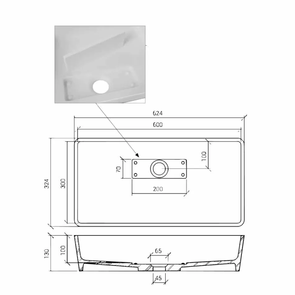 Rechthoekige wastafel in massief wit oppervlak - Sider Viadurini