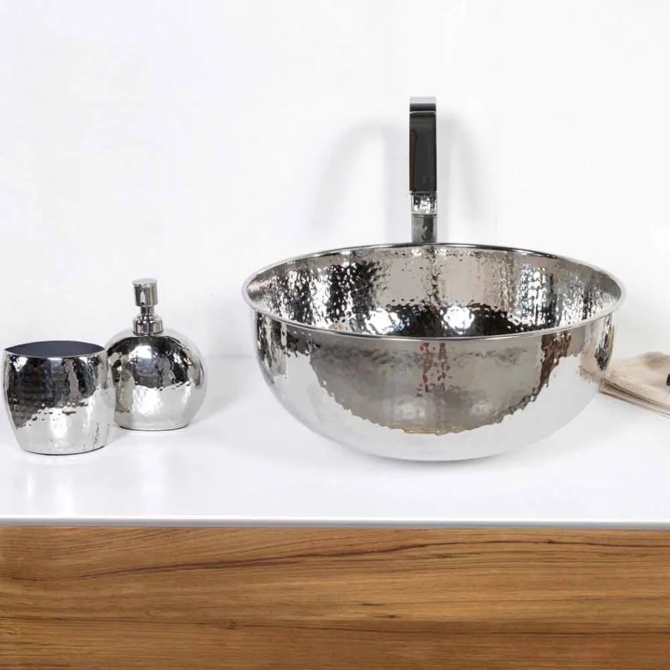 Ronde wastafel in gehamerd chroommessing - Diamond Viadurini