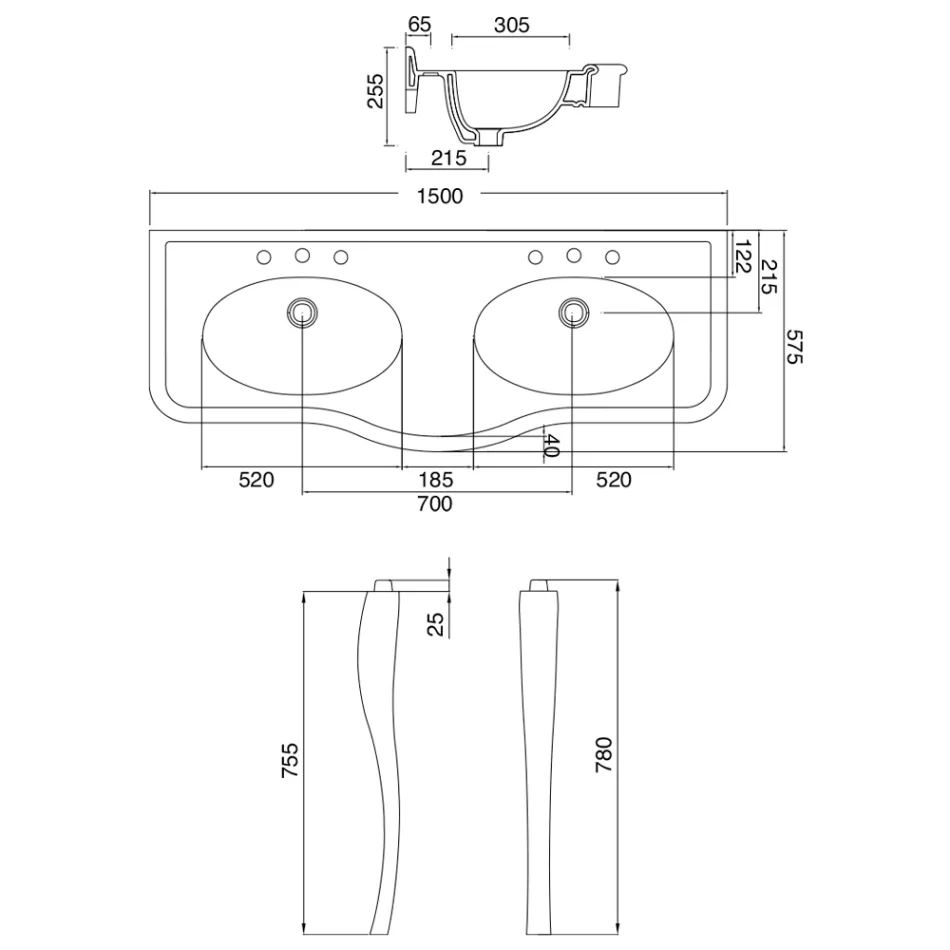 Vintage consolewastafel met dubbele kom en keramische voeten Made in Italy - Paulina Viadurini