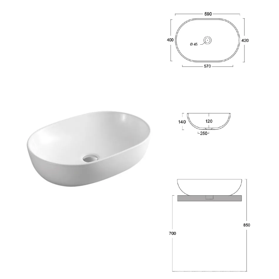 Ovale wastafel van wit keramiek met een modern design - Papavero Viadurini