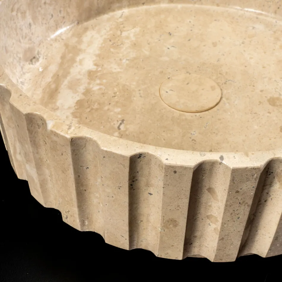 Ronde aanrechtwastafel gemaakt van travertijnmarmer - Cattleya Viadurini