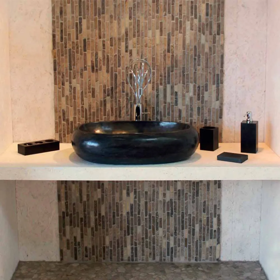 Ondersteunende wastafel Stone Ronde Natural Black Waka Viadurini