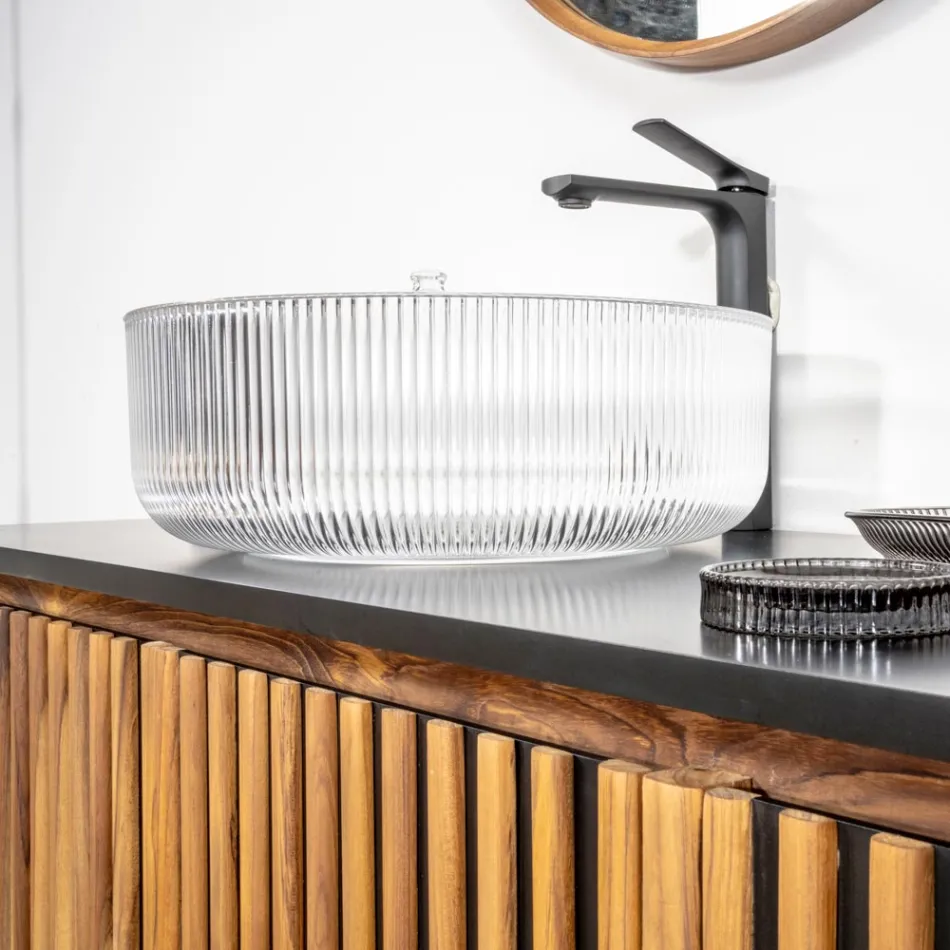 Ronde aanrechtwastafel in Plissè Venetiaans glas Made in Italy - Zirkoon Viadurini