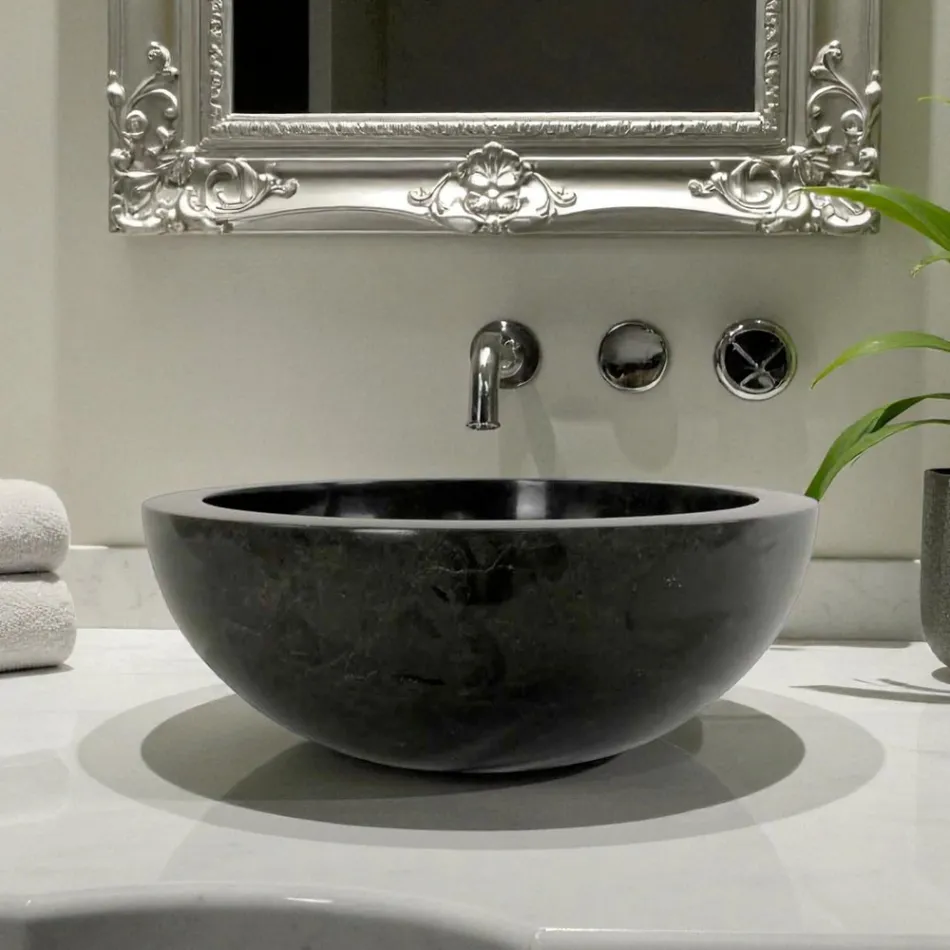 Zwarte ronde wastafel in Levi natuursteen, uniek stuk Viadurini
