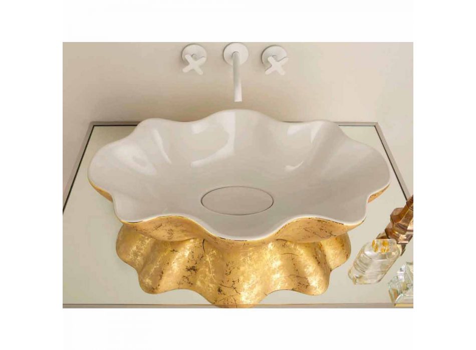 Aanrecht design wastafel in wit en goud keramiek gemaakt in Italy Cubo Viadurini