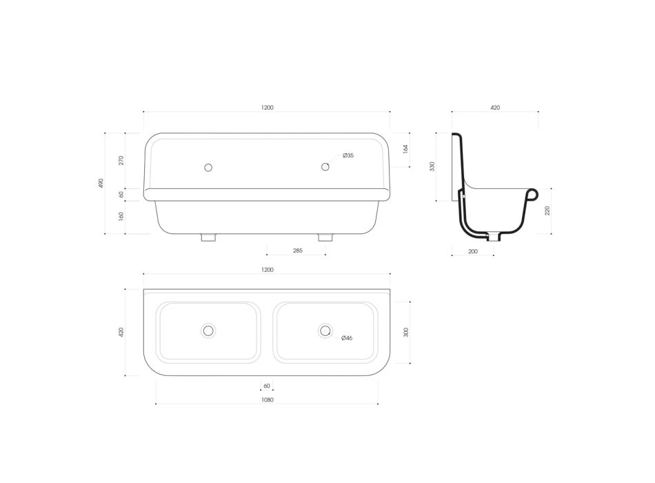 keramische wastafel met twee schalen op steunstructuur Calvin