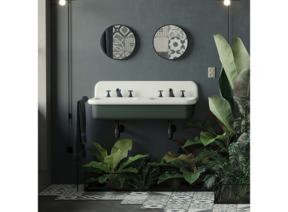 Dubbele wastafel in de badkamer met rechthoekige en keramische structuur - Kevin Viadurini