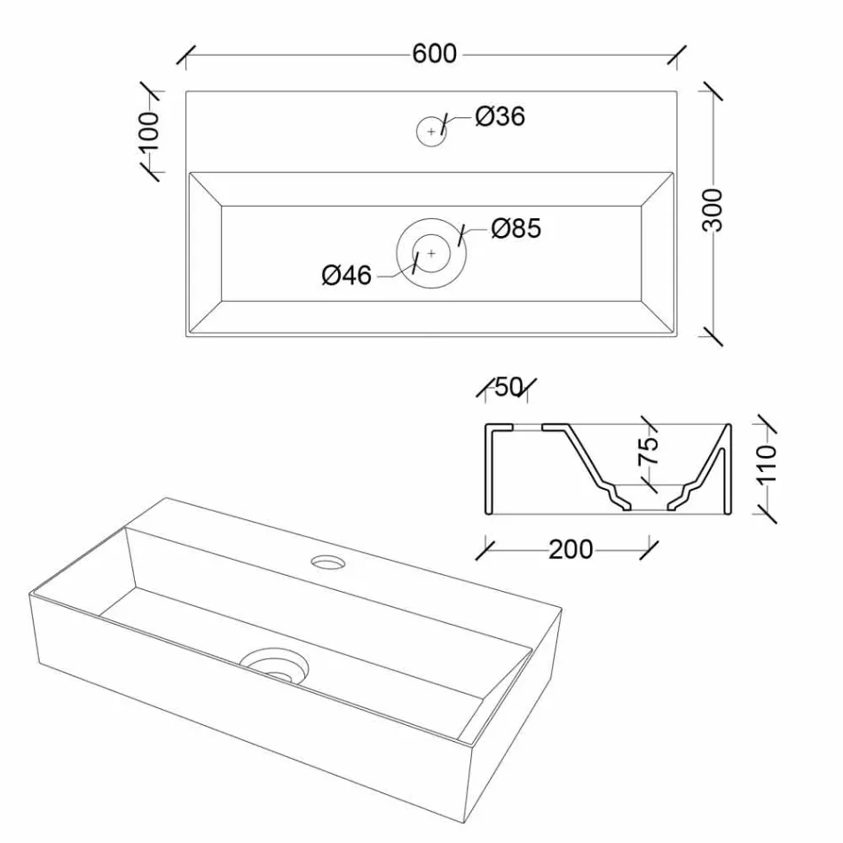 Modern rechthoekig aanrecht of hangende wastafel 60x30 cm in keramiek - Act Viadurini