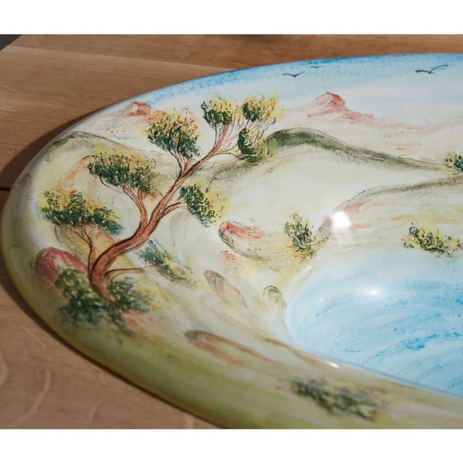 Half verzonken wastafel in vuurklei met landschap van Deruta Made in Italy - Principe Viadurini