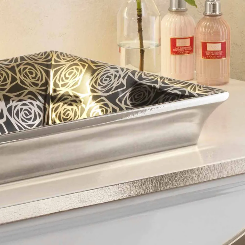 Semi-verzonken gootsteen in moderne vuurklei met de hand gedecoreerd in Italië, Guido Viadurini