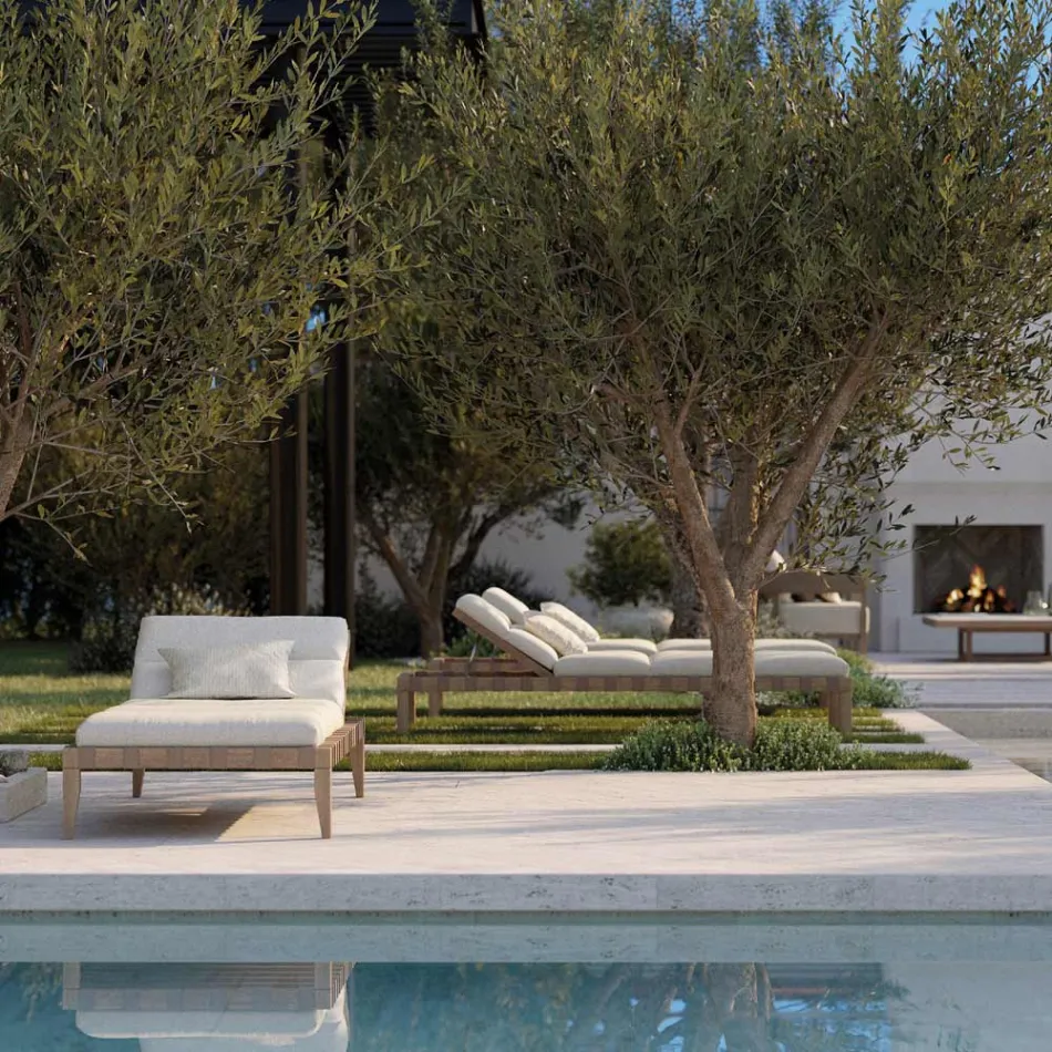 Buitenligstoel met teakhouten frame, gemaakt in Italië - Briga Viadurini