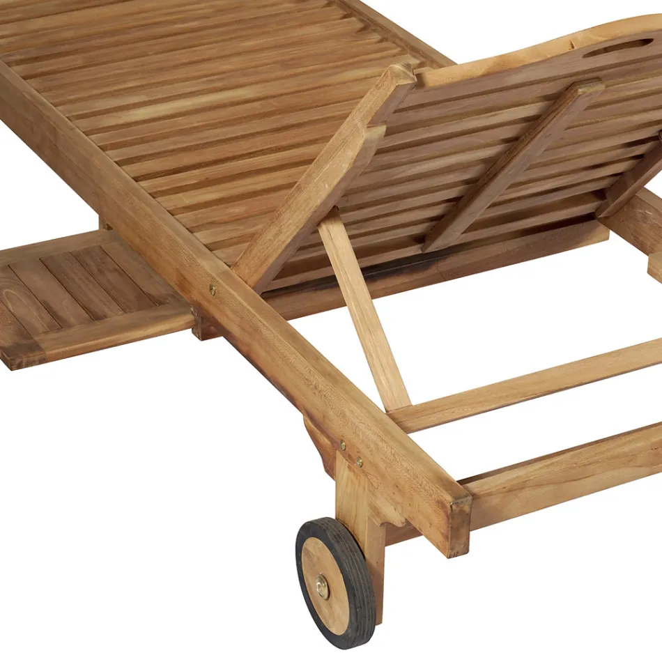Teakhouten tuinligstoel met afneembare tafel en wielen - Oasi Viadurini