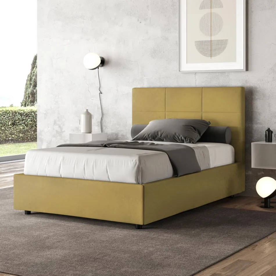 Bed van 120x200 cm met rechthoekig hoofdbord van microvezel, gemaakt in Italië - Brina Viadurini