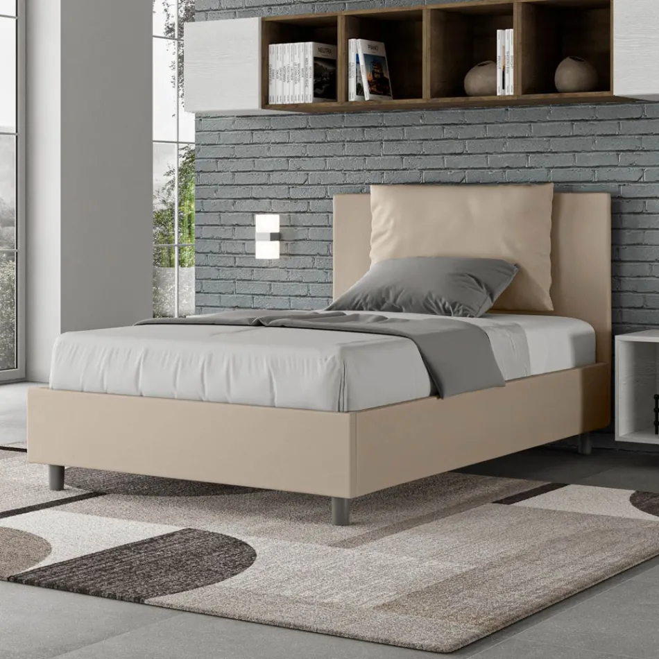 Bed van 120x200 cm met hoofdbord en kunstlederen kussens, gemaakt in Italië - Olimpiadi Viadurini