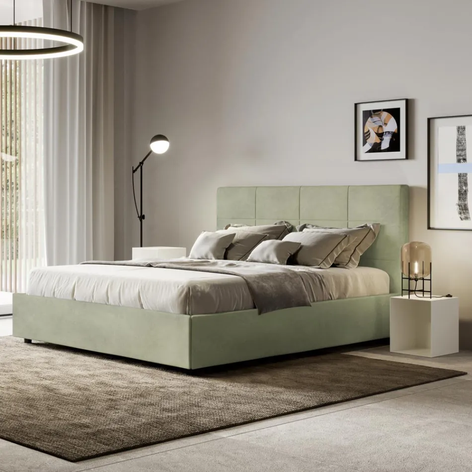 Bed van 160x200 cm met rechthoekig hoofdbord van microvezel, gemaakt in Italië - Brina Viadurini