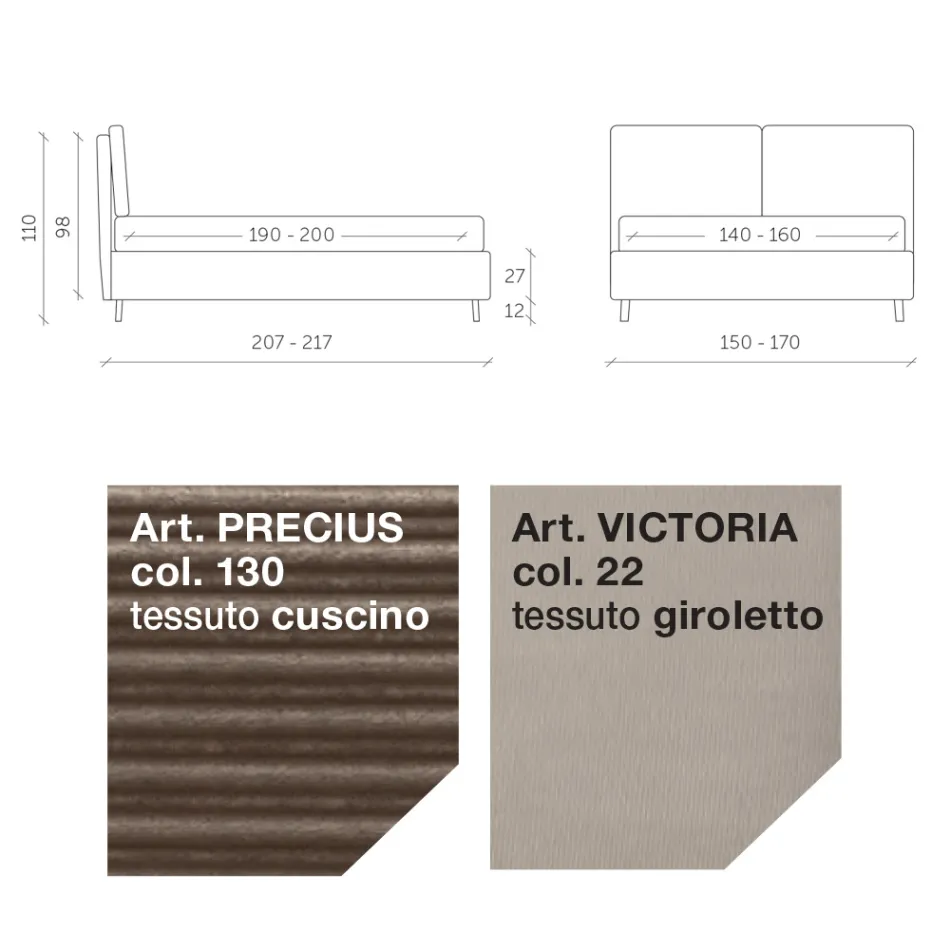 Tweepersoonsbed 160x190 met 2 zachte kussens in het hoofdeinde - Tramonti Viadurini