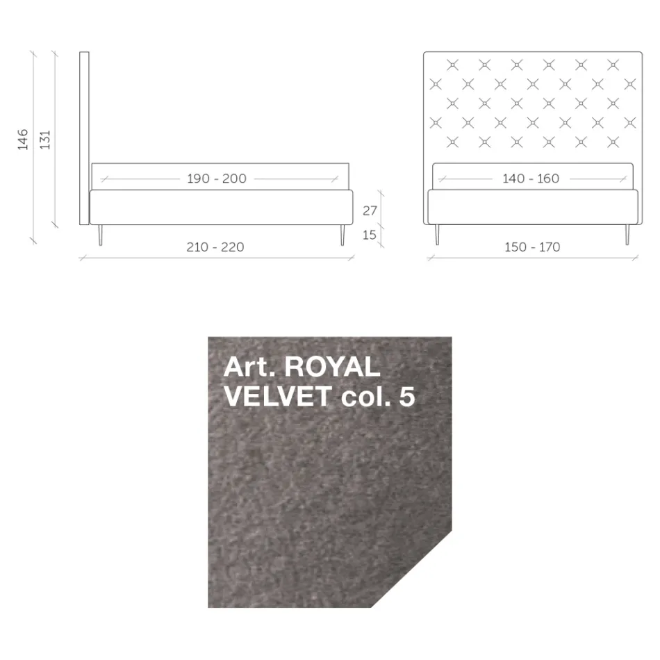 Tweepersoonsbed 160x190 met hoog en gewatteerd hoofdeinde Gemaakt in Italië - Sallie Viadurini