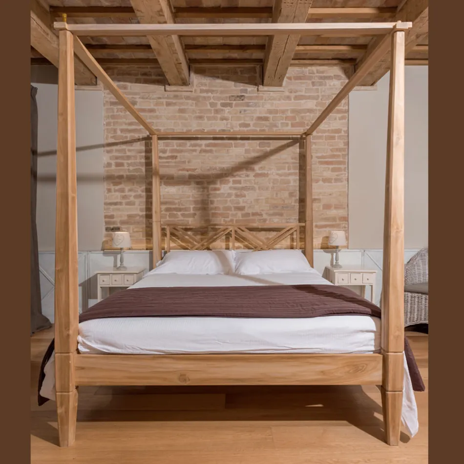 Tweepersoonsbed 160x200 cm met baldakijn van massief teakhout - Aquarel Viadurini