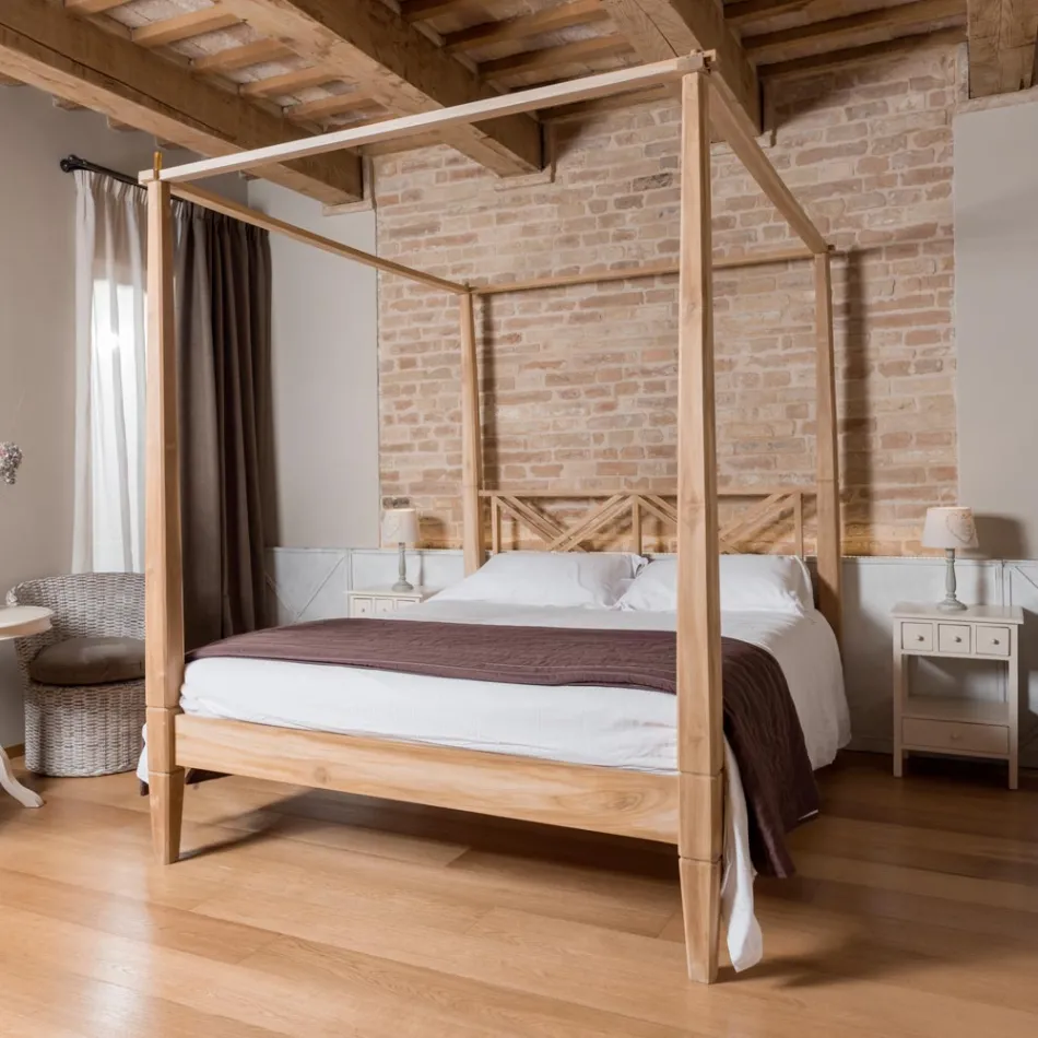 Tweepersoonsbed 160x200 cm met baldakijn van massief teakhout - Aquarel Viadurini